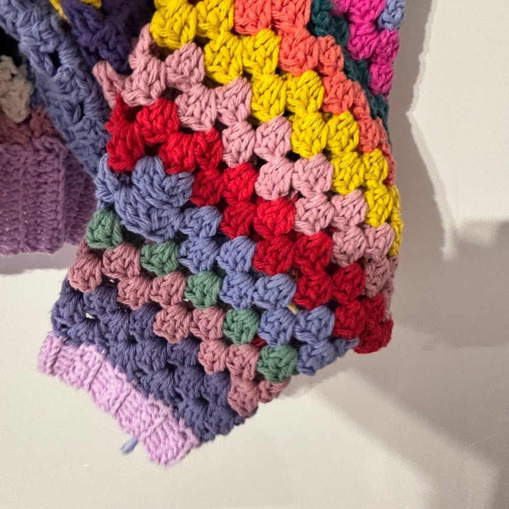 Handmade Crochet Patchwork Sweater Rainbow Granny Square Checkerboard Cropped - Picture 7 of 10